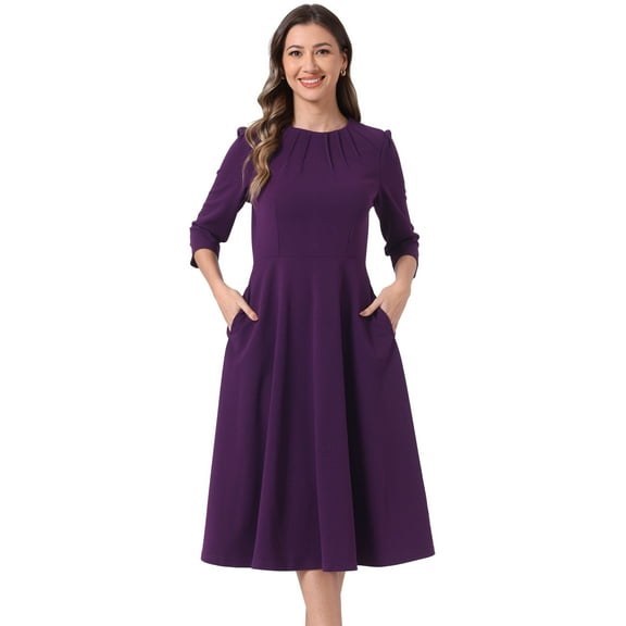 DARING DIVA 3/4 Sleeve A-Line Midi Work Dress S Deep Purple