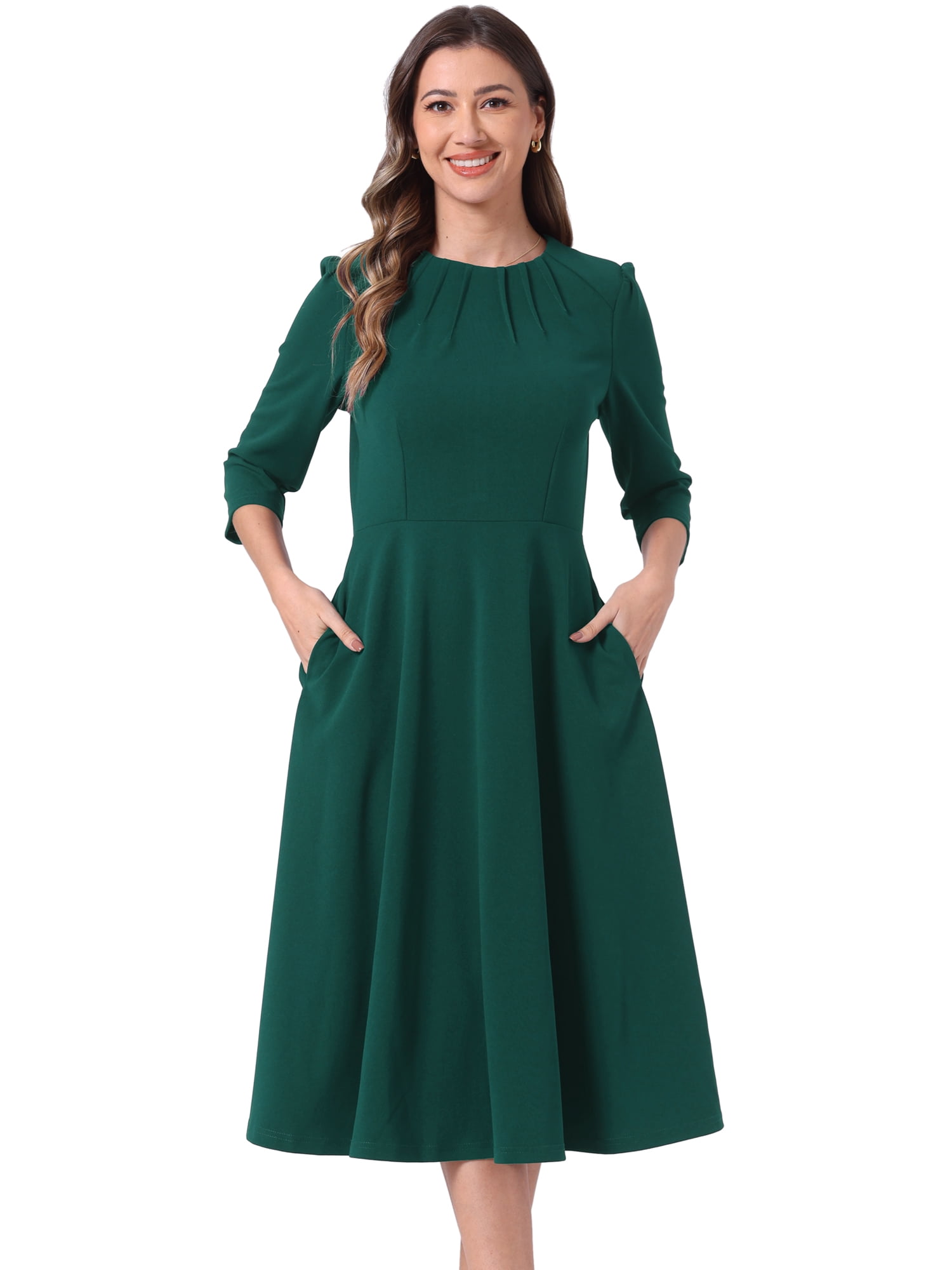 DARING DIVA 3/4 Sleeve A-Line Midi Work Dress XS Dark Green