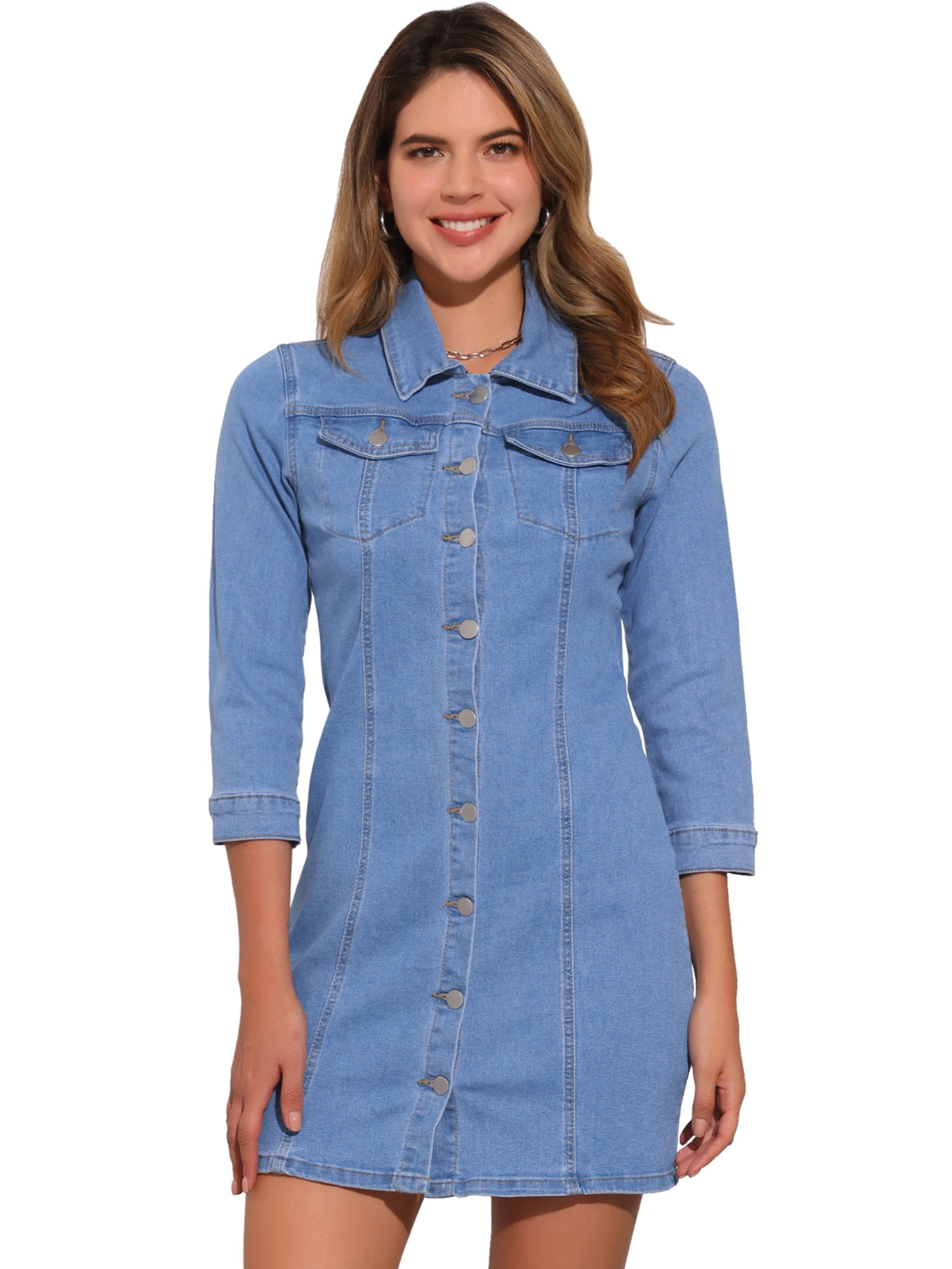 DARING DIVA 3/4 Sleeve Button Down Denim Shirt Dress L Blue
