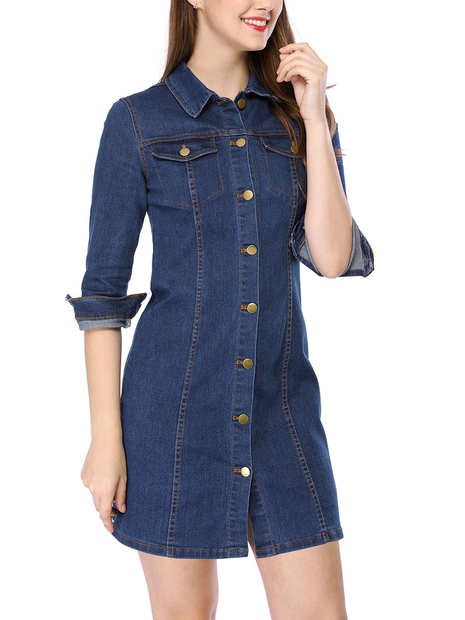 DARING DIVA 3/4 Sleeve Button Down Denim Shirt Dress L Blue