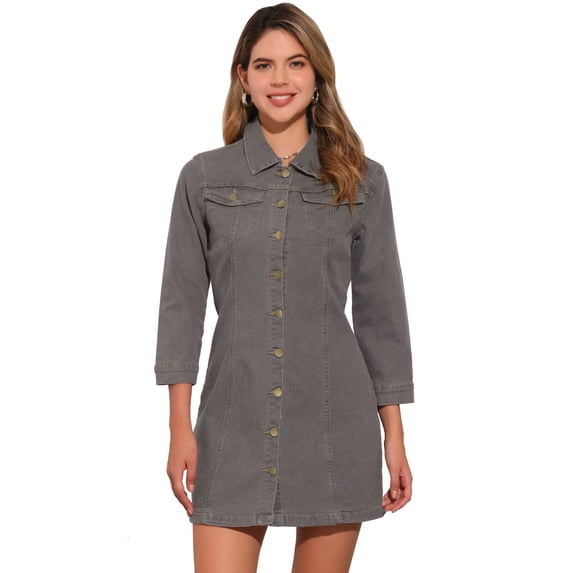 DARING DIVA 3/4 Sleeve Button Down Denim Shirt Dress L Gray