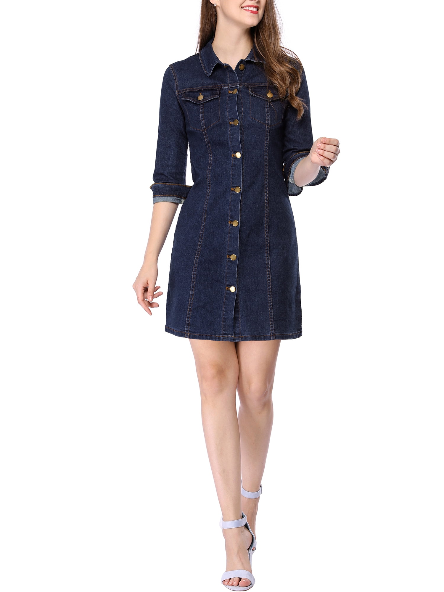 DARING DIVA 3/4 Sleeve Button Down Denim Shirt Dress M Blue