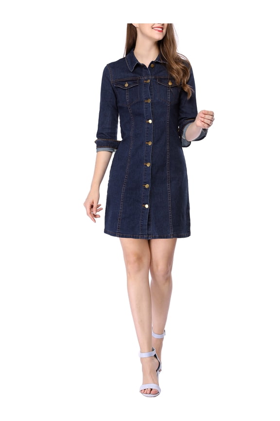 3/4 Sleeve Button Down Denim Shirt Dress M Blue