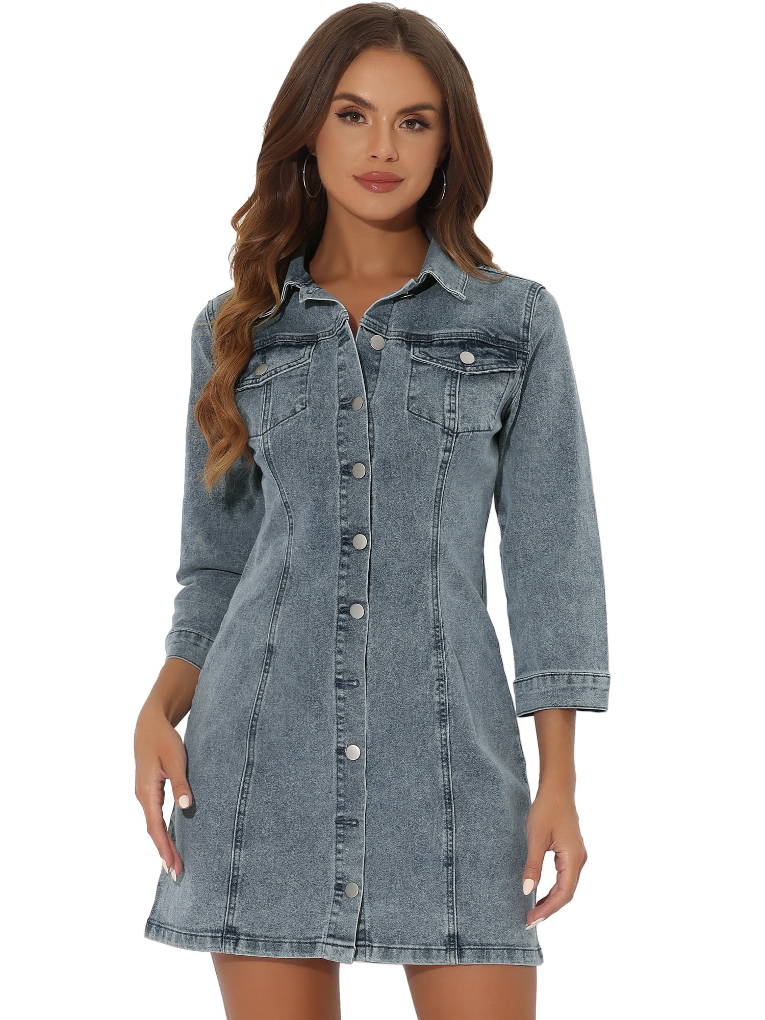 DARING DIVA 3/4 Sleeve Button Down Denim Shirt Dress M Blue