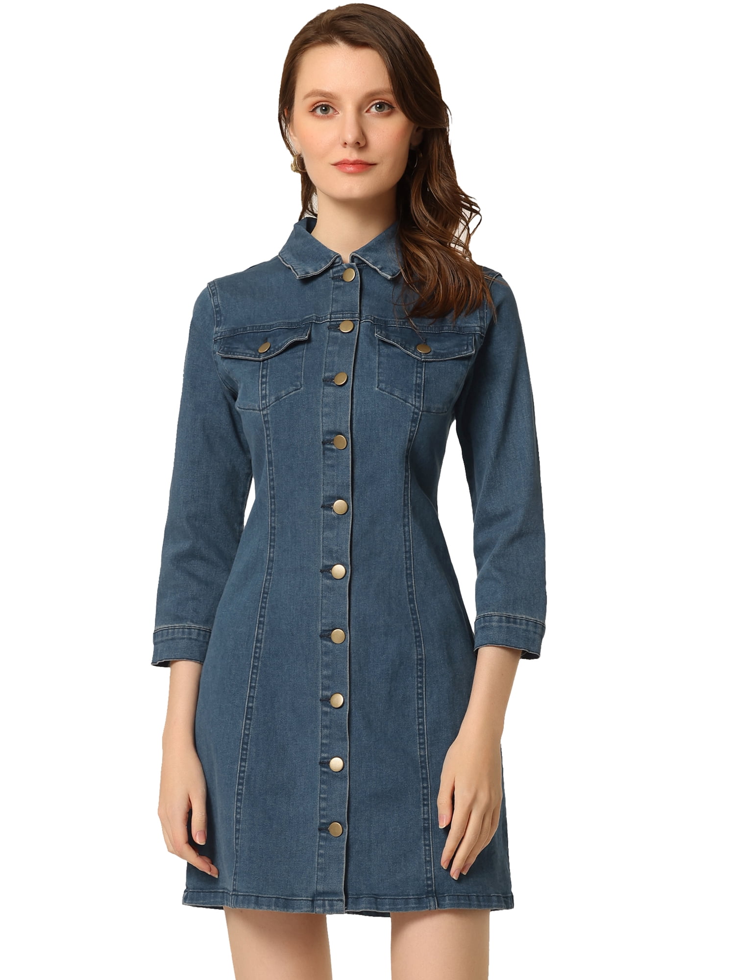 DARING DIVA 3/4 Sleeve Button Down Denim Shirt Dress M Blue