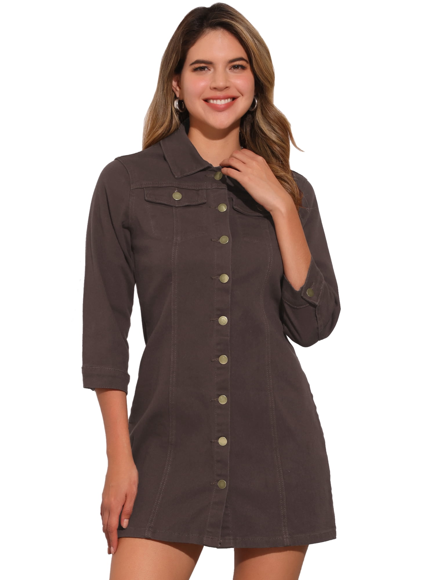 DARING DIVA 3/4 Sleeve Button Down Denim Shirt Dress M Brown