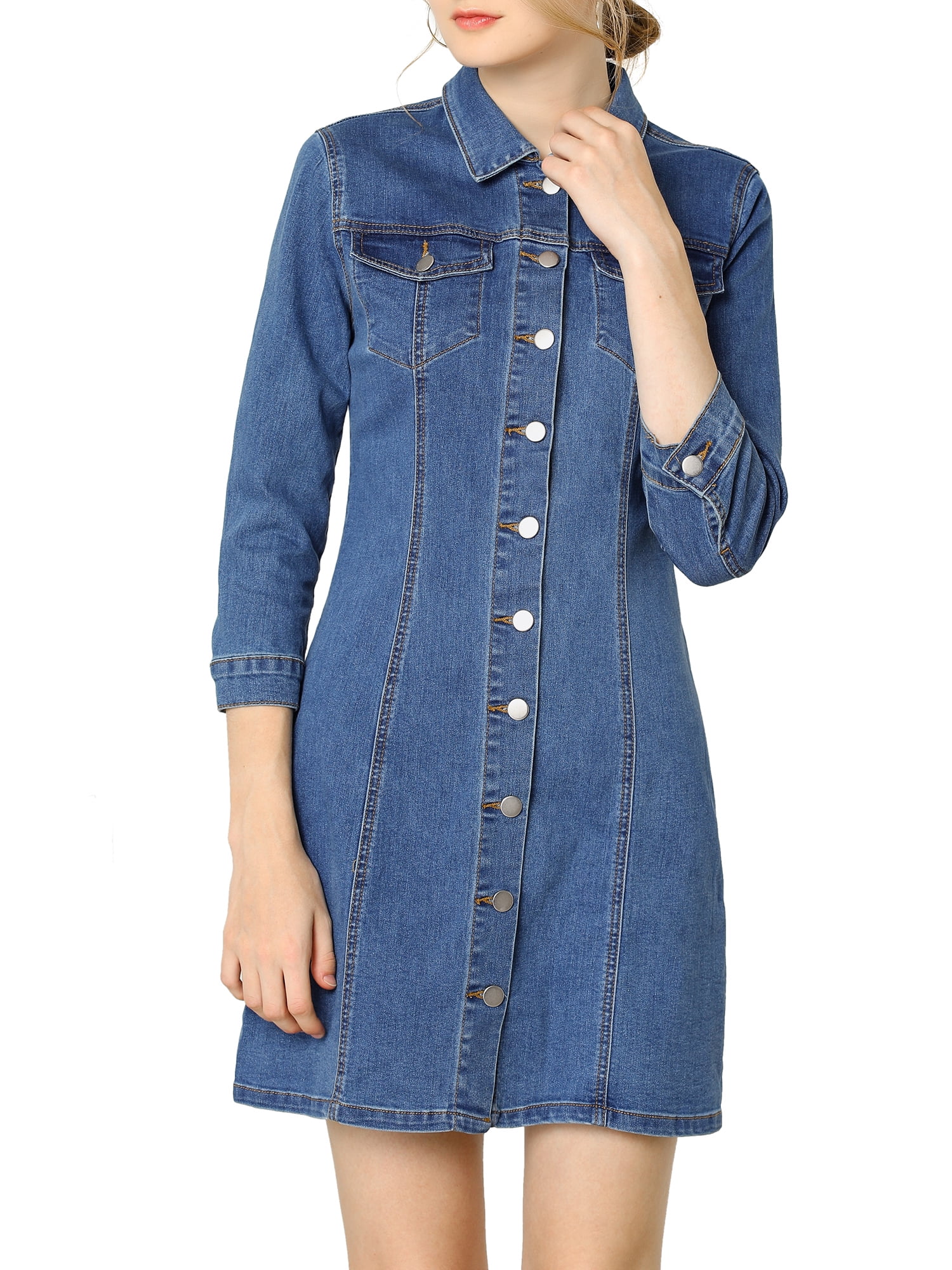 DARING DIVA 3/4 Sleeve Button Down Denim Shirt Dress S Blue
