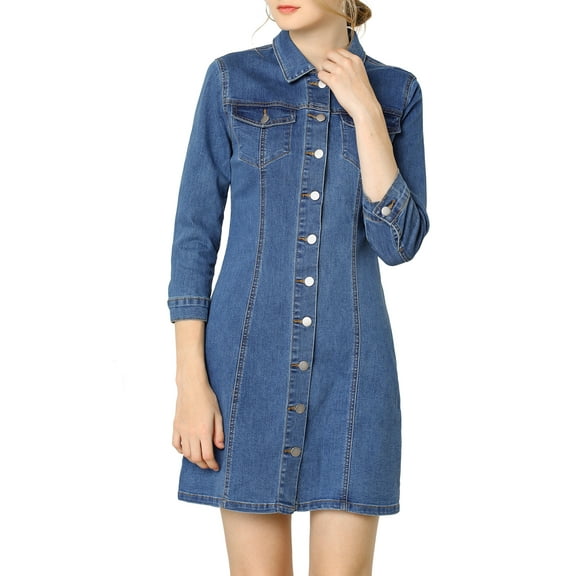 DARING DIVA 3/4 Sleeve Button Down Denim Shirt Dress S Blue