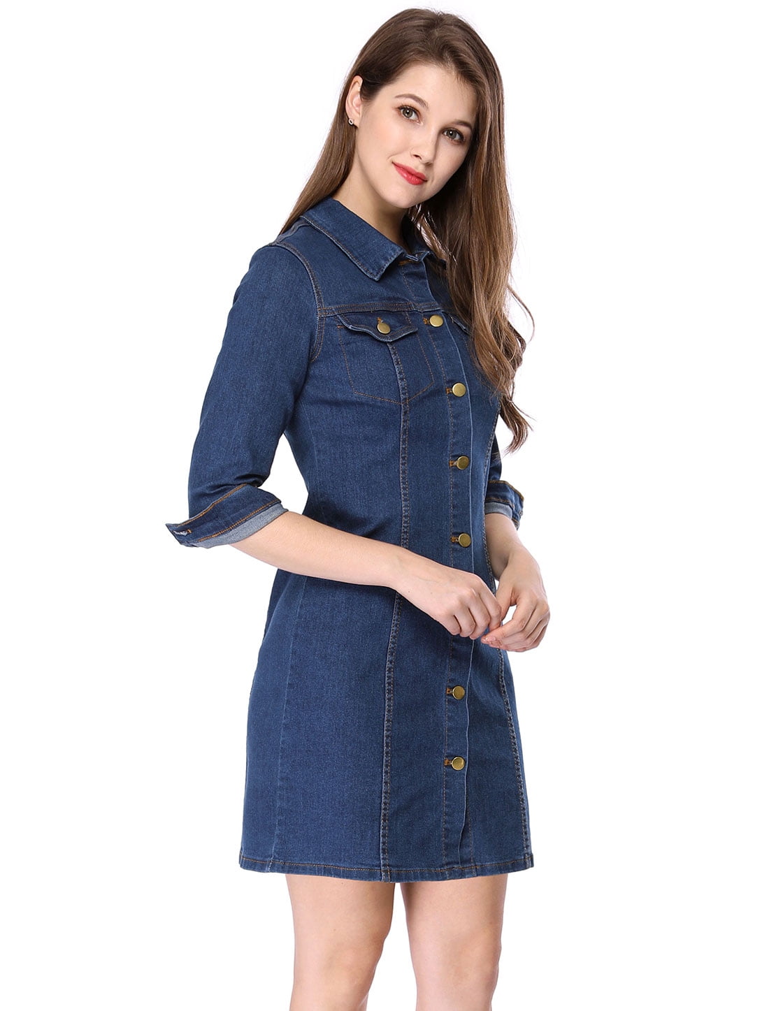 DARING DIVA 3/4 Sleeve Button Down Denim Shirt Dress S Blue