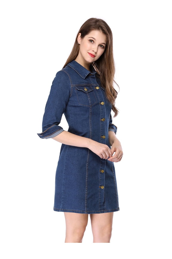 3/4 Sleeve Button Down Denim Shirt Dress S Blue