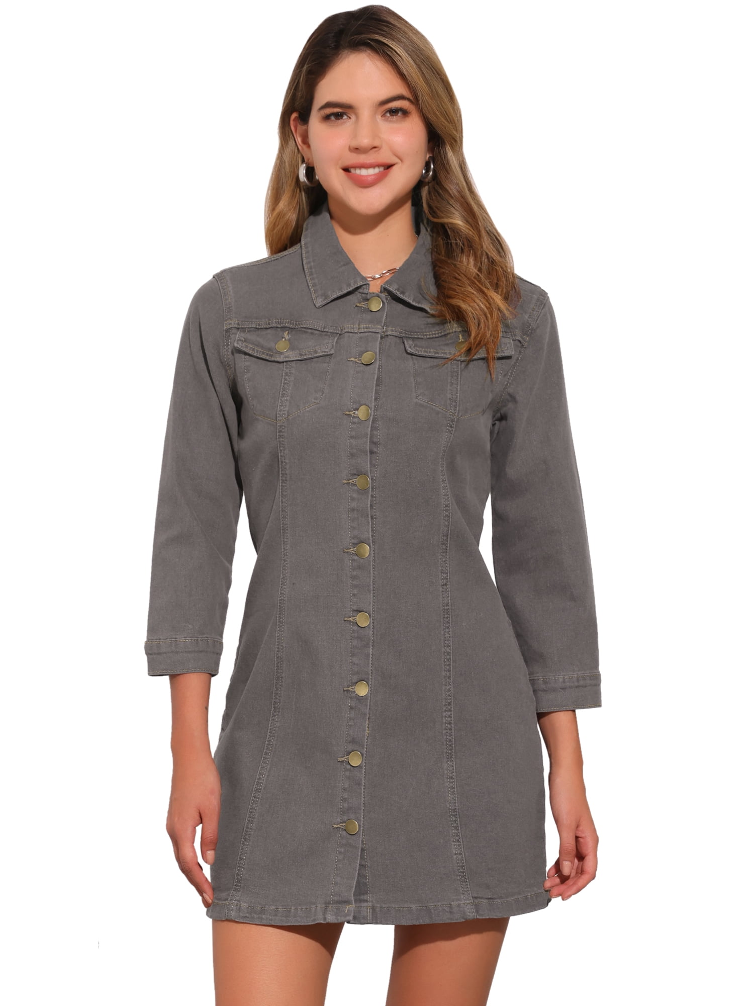 DARING DIVA 3/4 Sleeve Button Down Denim Shirt Dress S Gray