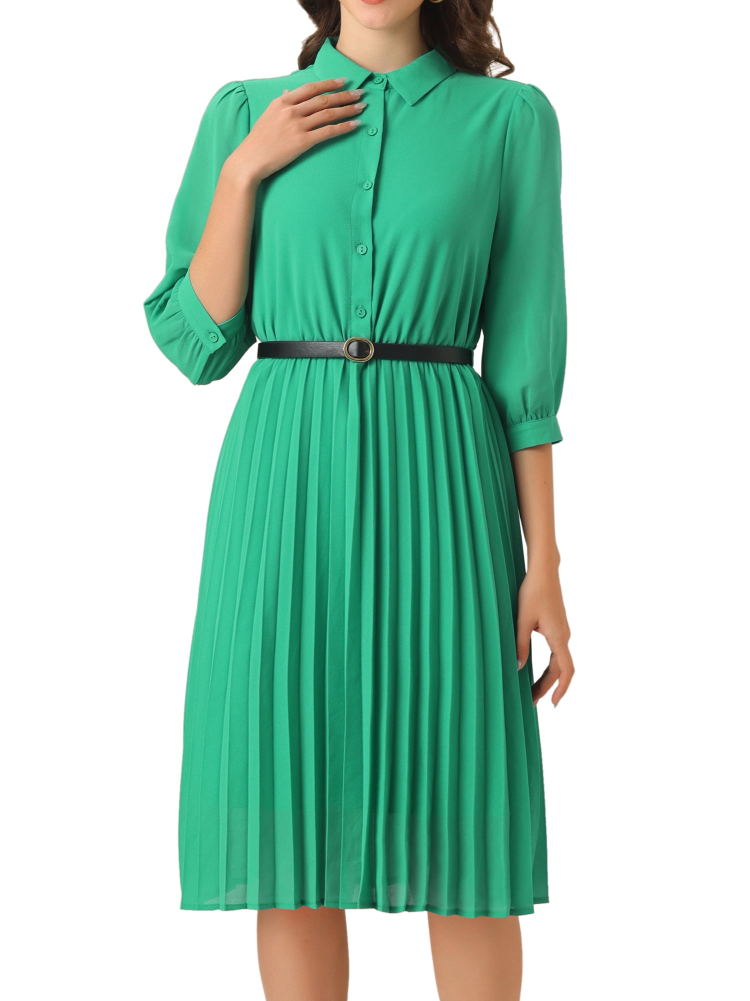 DARING DIVA 3/4 Sleeve Collared Button Down Pleated Dress L Green