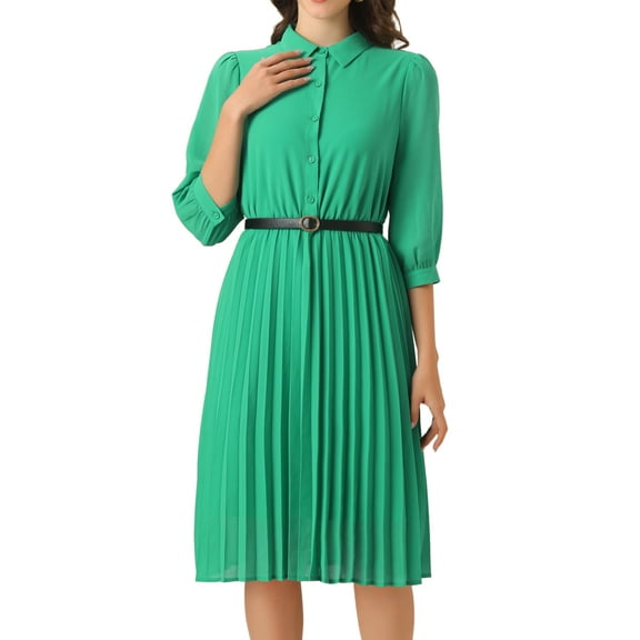 DARING DIVA 3/4 Sleeve Collared Button Down Pleated Dress XS Green