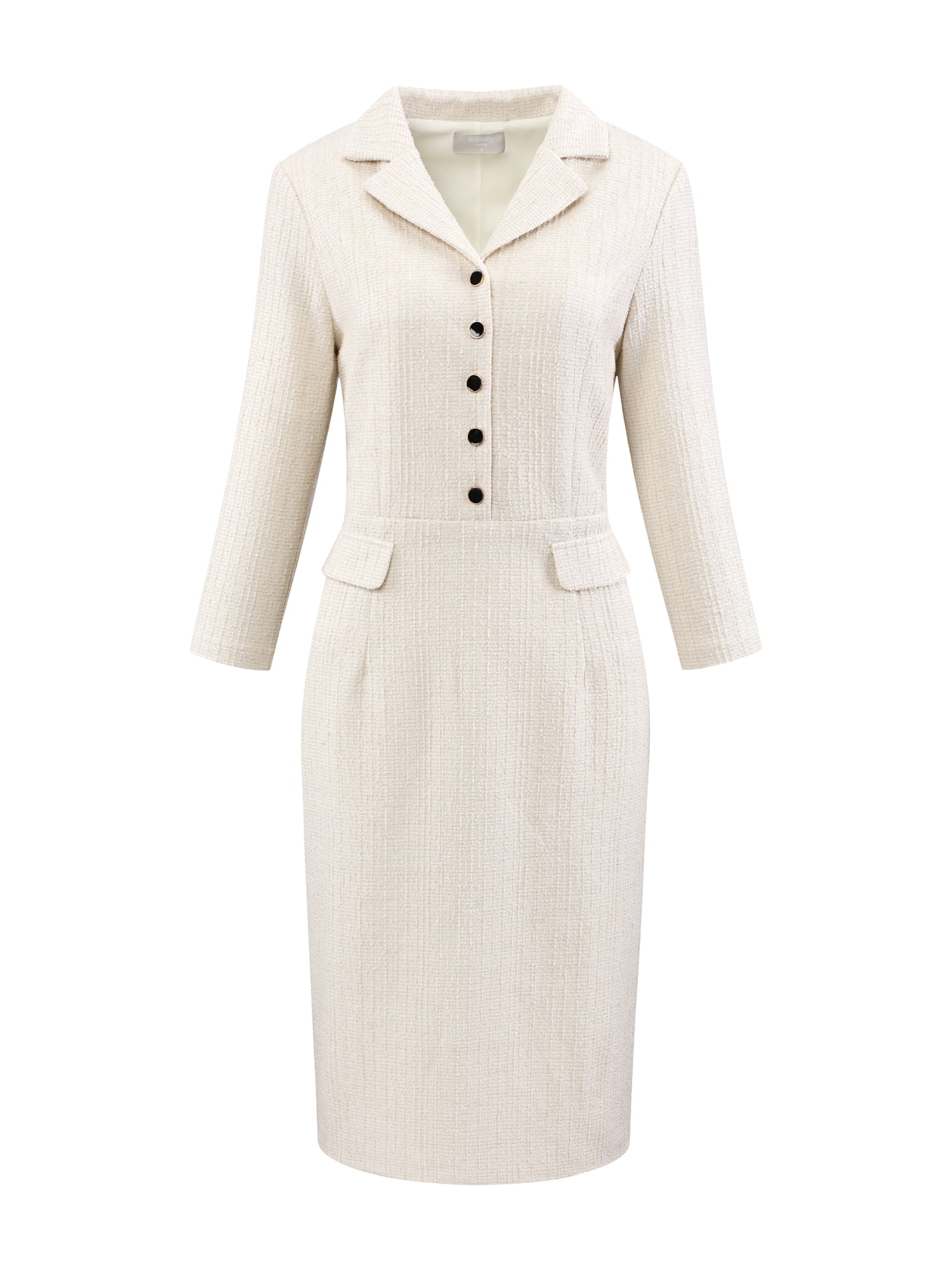 DARING DIVA 3/4 Sleeve Collared Vintage Tweed Midi Dress S Beige White