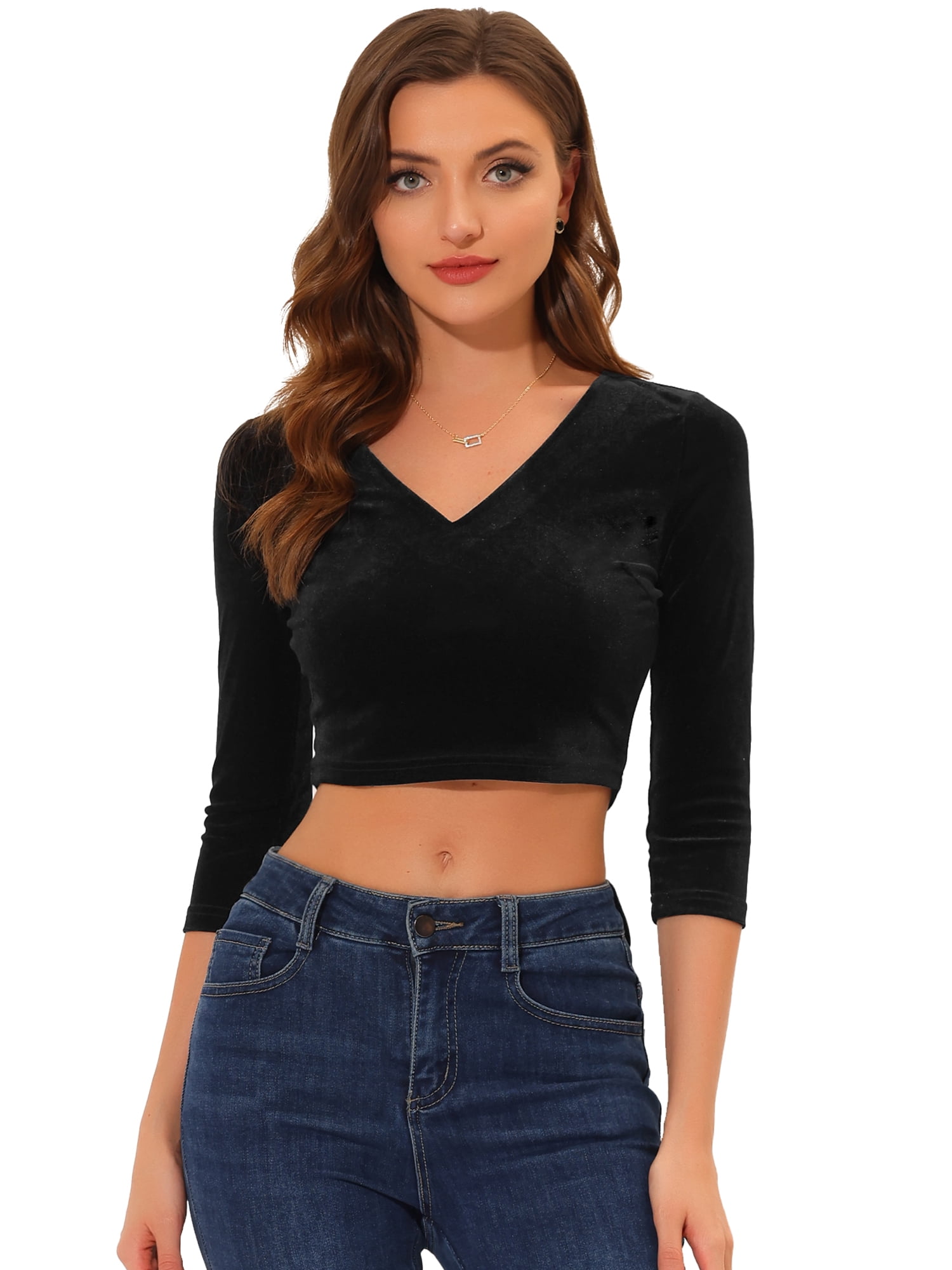 DARING DIVA 3/4 Sleeve Cropped Velvet Blouse S Black