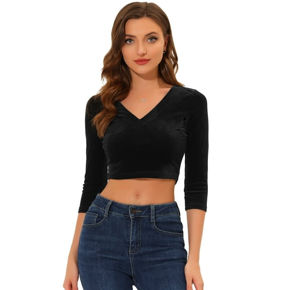DARING DIVA 3/4 Sleeve Cropped Velvet Blouse S Black