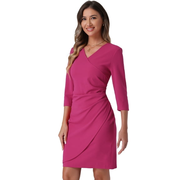 DARING DIVA 3/4 Sleeve Faux Wrap Ruched Waist Dress XS Hot Pink