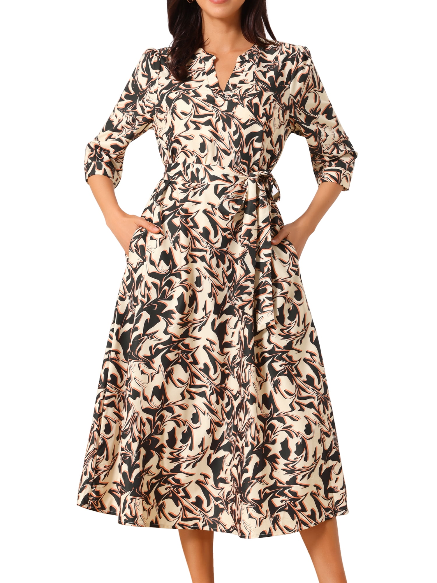 DARING DIVA Women's 3/4 Sleeve Tie Waist Midi Floral Printed Dress S Black Apricot