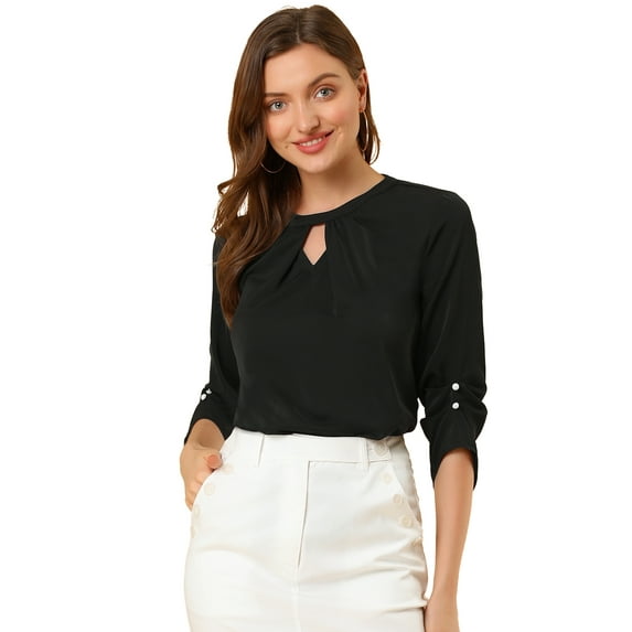 DARING DIVA 3/4 Sleeve Round Neck Keyhole Pleated Tops 2XL Black