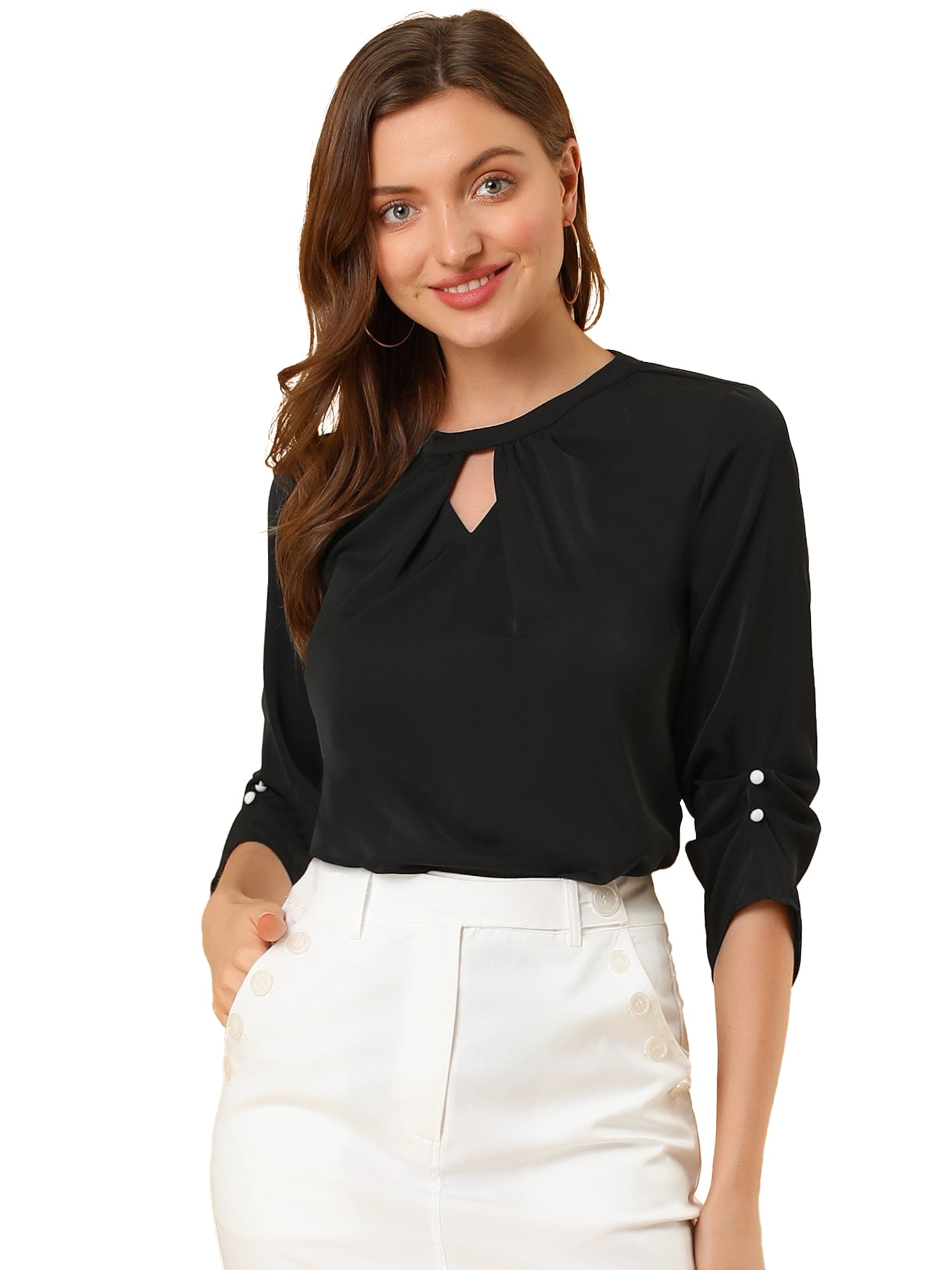 DARING DIVA 3/4 Sleeve Round Neck Keyhole Pleated Tops 3XL Black
