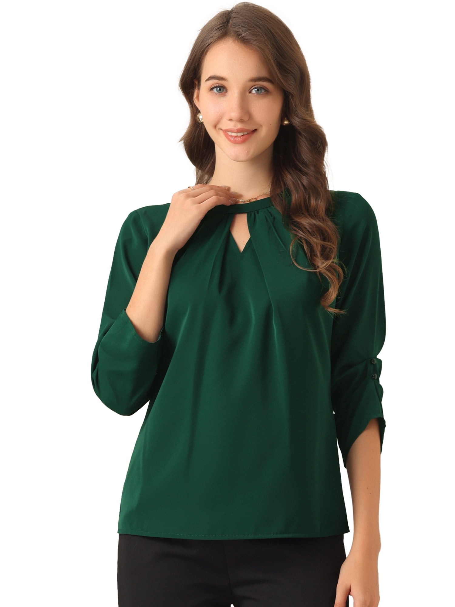 DARING DIVA 3/4 Sleeve Round Neck Keyhole Pleated Tops M Dark Green