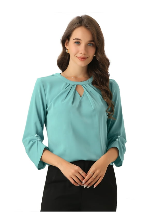 DARING DIVA 3/4 Sleeve Round Neck Keyhole Pleated Tops M Gray Green