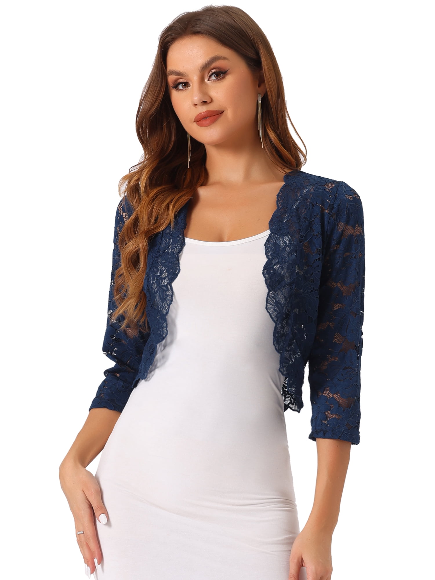 DARING DIVA 3/4 Sleeve Sheer Floral Lace Shrug Top 2XL Dark Blue