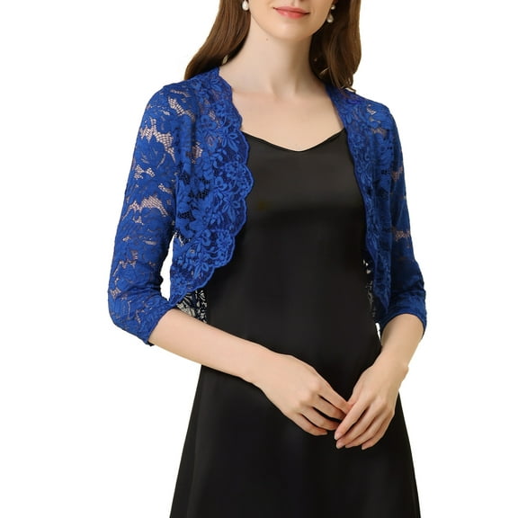 DARING DIVA 3/4 Sleeve Sheer Floral Lace Shrug Top L Cobalt Blue