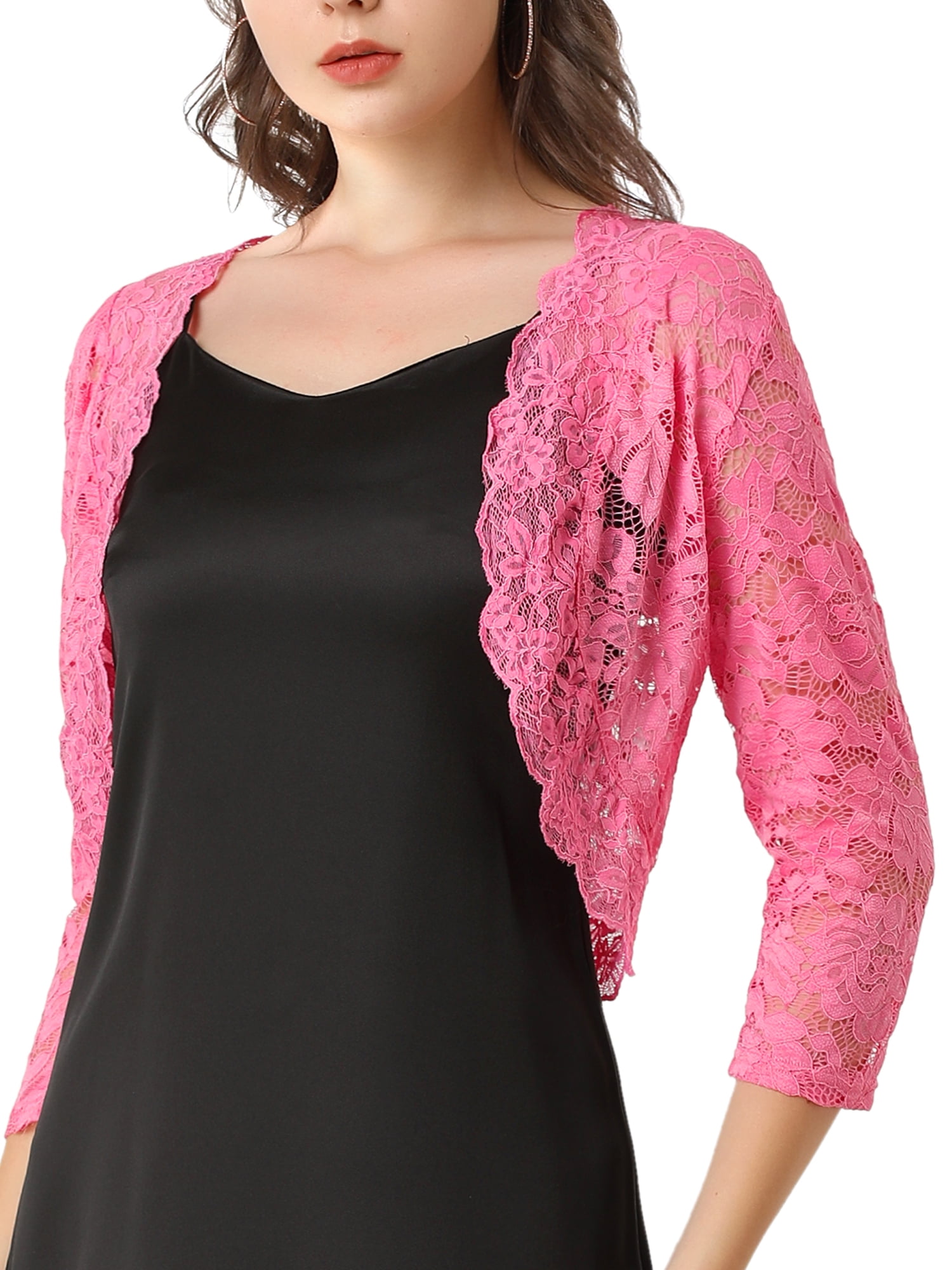 DARING DIVA 3/4 Sleeve Sheer Floral Lace Shrug Top L Pink