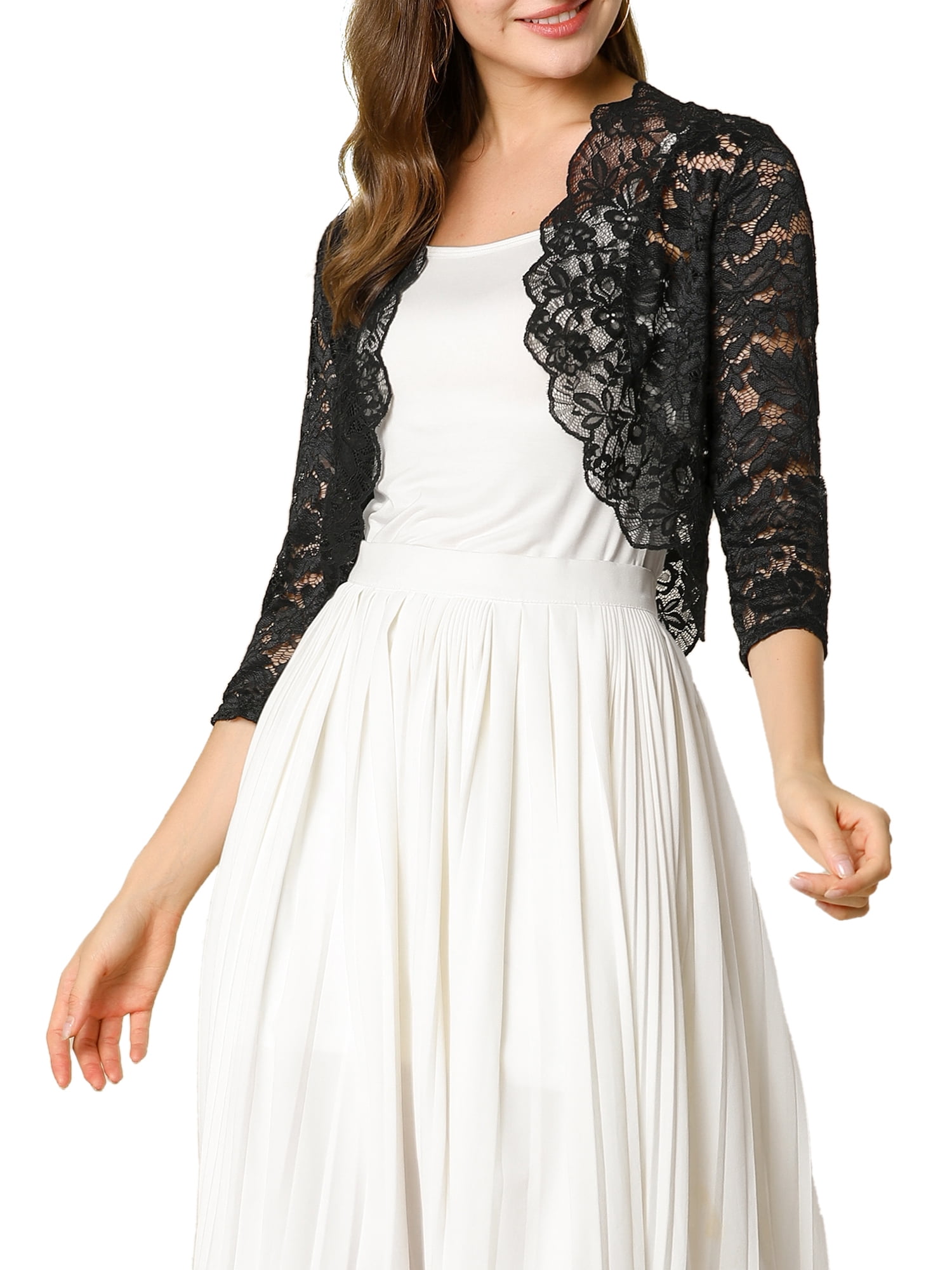 DARING DIVA 3/4 Sleeve Sheer Floral Lace Shrug Top M Black