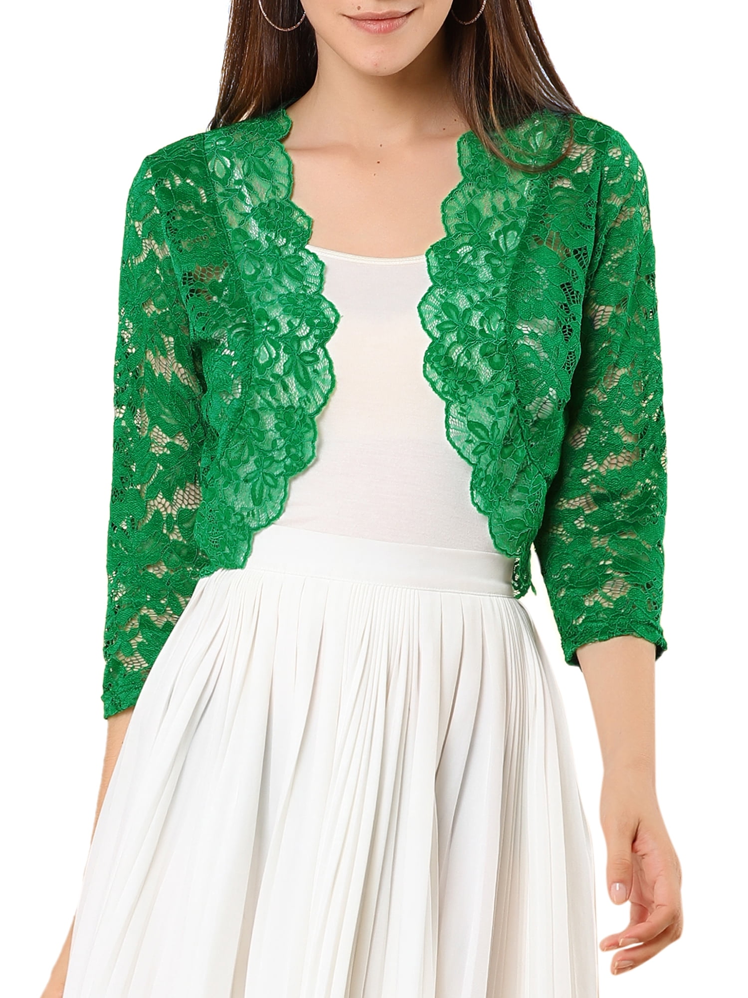 DARING DIVA 3/4 Sleeve Sheer Floral Lace Shrug Top M Green