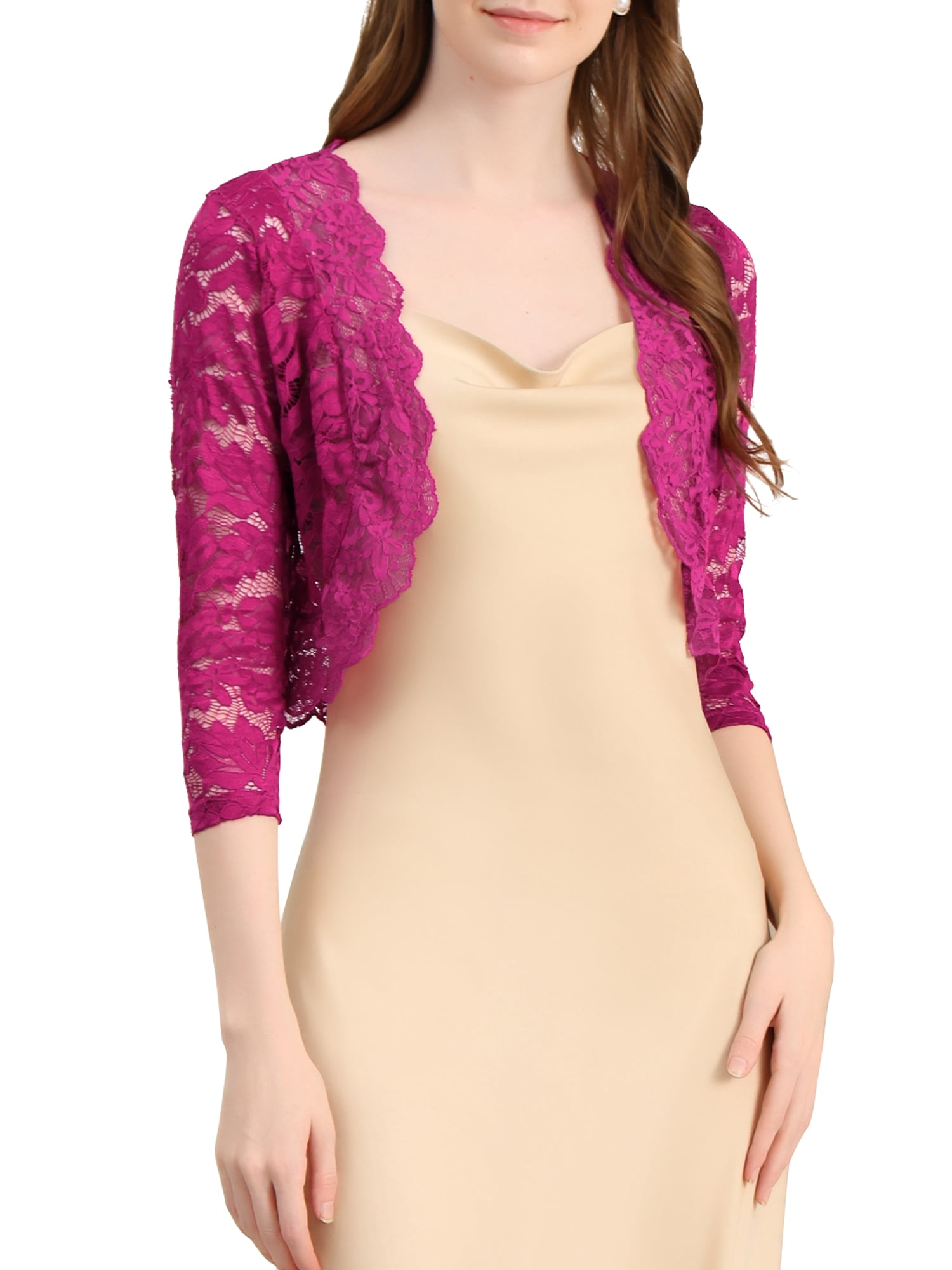DARING DIVA 3/4 Sleeve Sheer Floral Lace Shrug Top M Mulberry