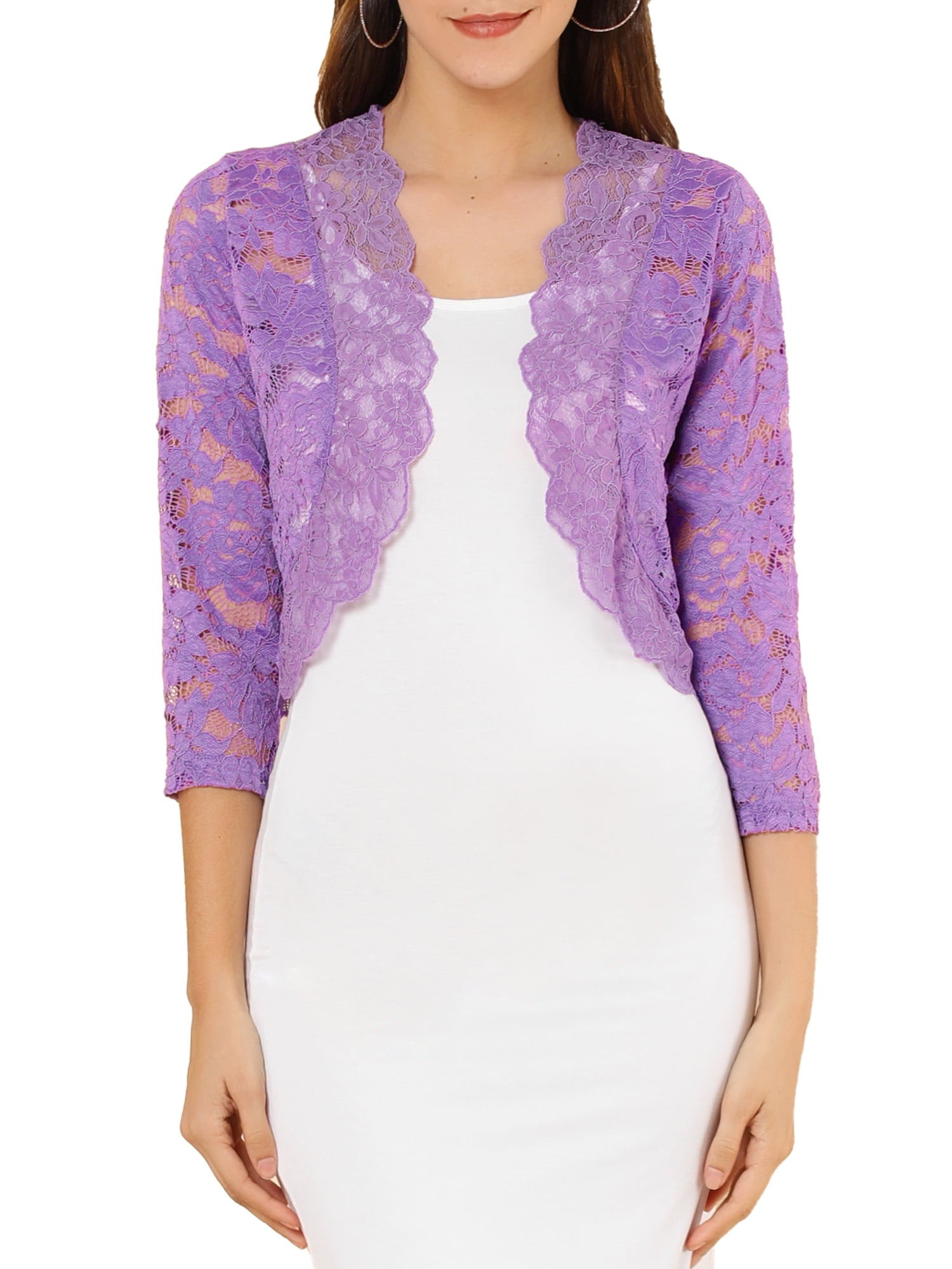 DARING DIVA 3/4 Sleeve Sheer Floral Lace Shrug Top M Purple