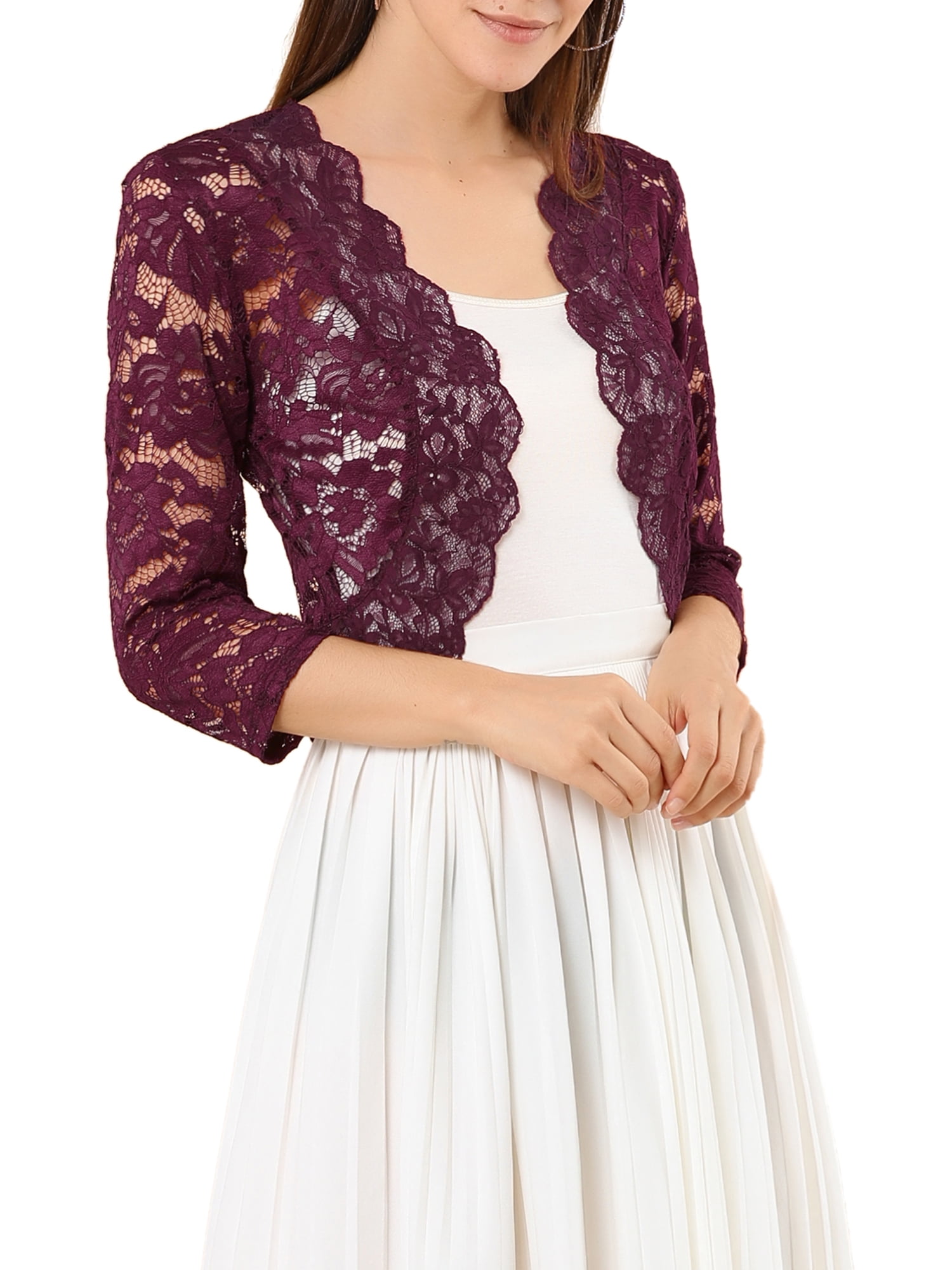 DARING DIVA 3/4 Sleeve Sheer Floral Lace Shrug Top S Burgundy