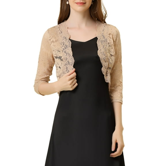 DARING DIVA 3/4 Sleeve Sheer Floral Lace Shrug Top S Khaki