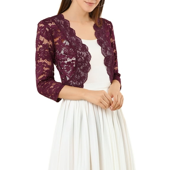 DARING DIVA 3/4 Sleeve Sheer Floral Lace Shrug Top XL Burgundy