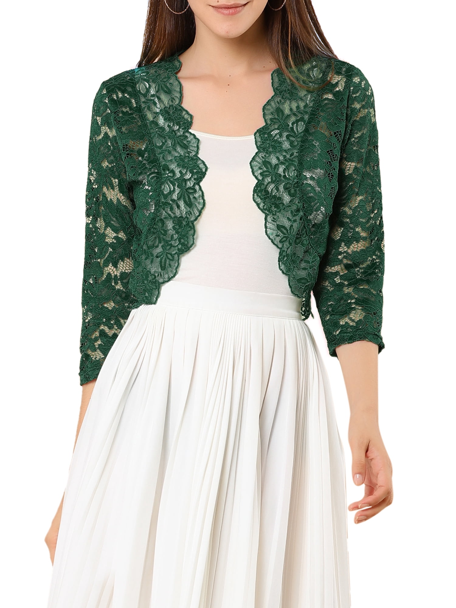 DARING DIVA 3/4 Sleeve Sheer Floral Lace Shrug Top XL Dark Green