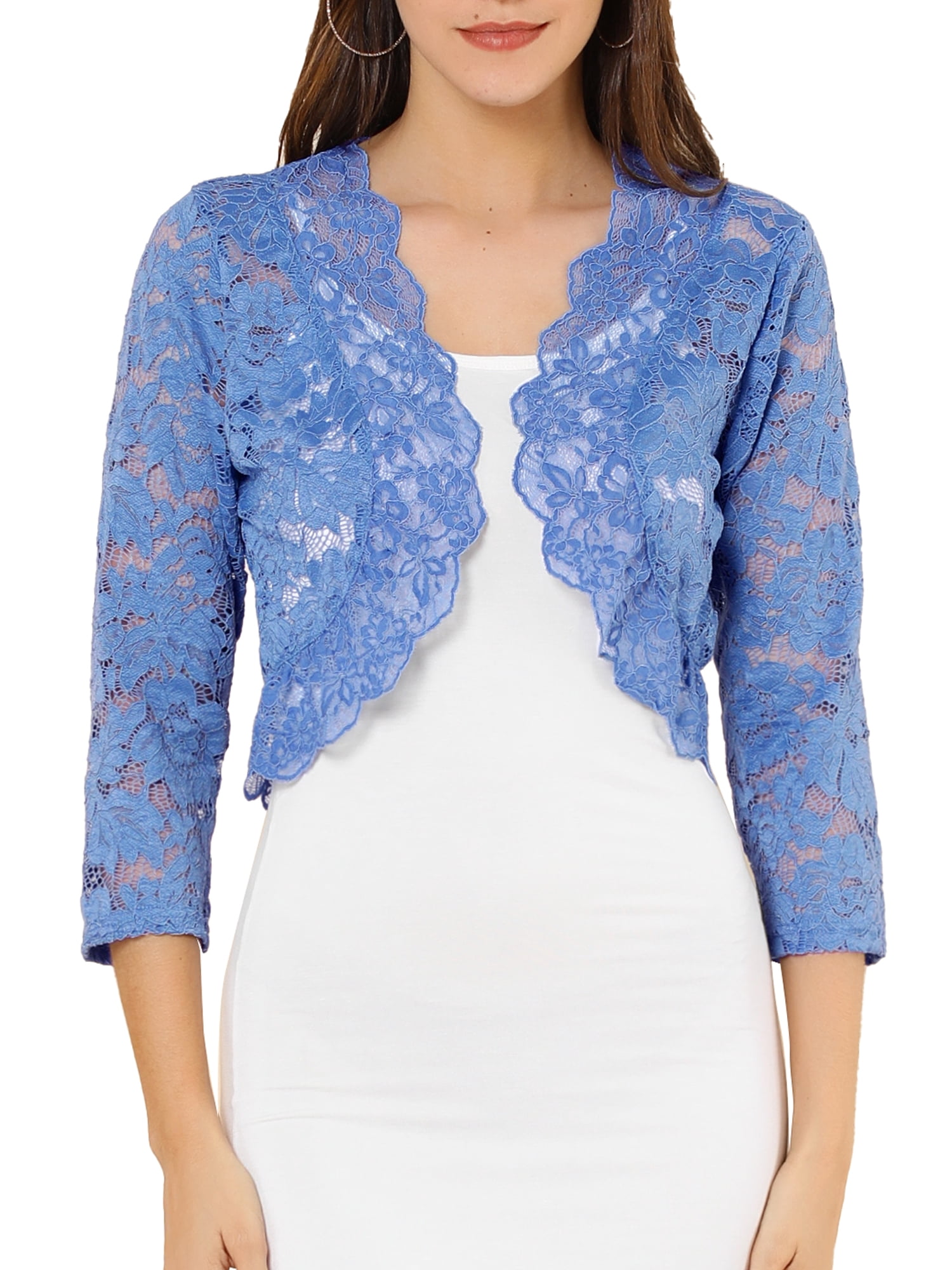 DARING DIVA 3/4 Sleeve Sheer Floral Lace Shrug Top XL Gray Blue
