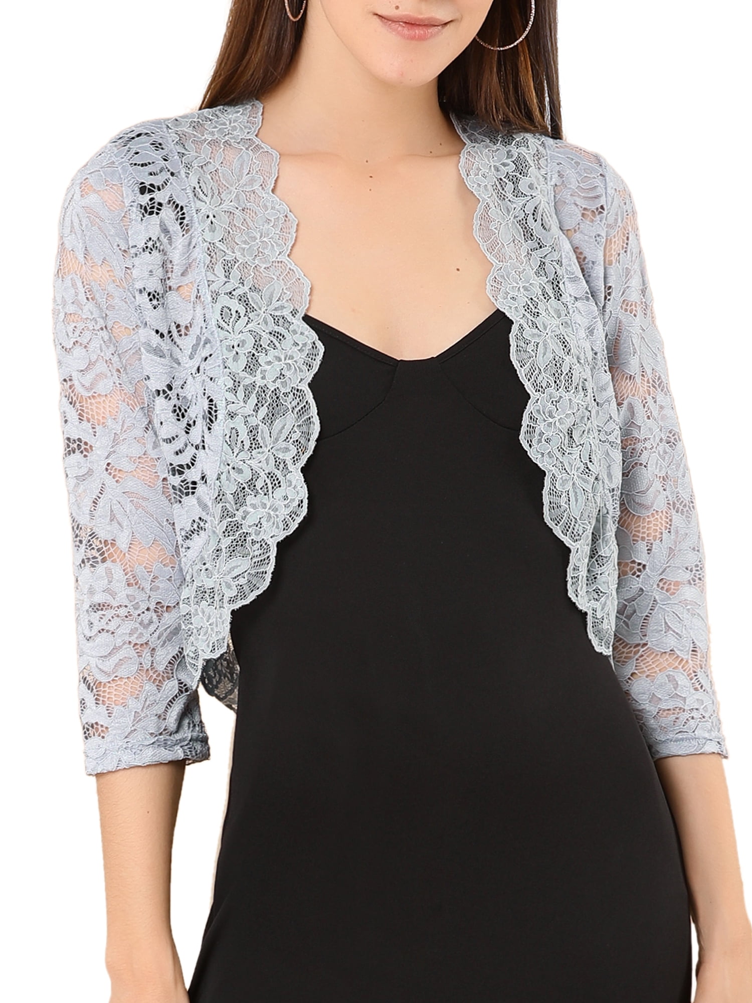 DARING DIVA 3/4 Sleeve Sheer Floral Lace Shrug Top XL Gray