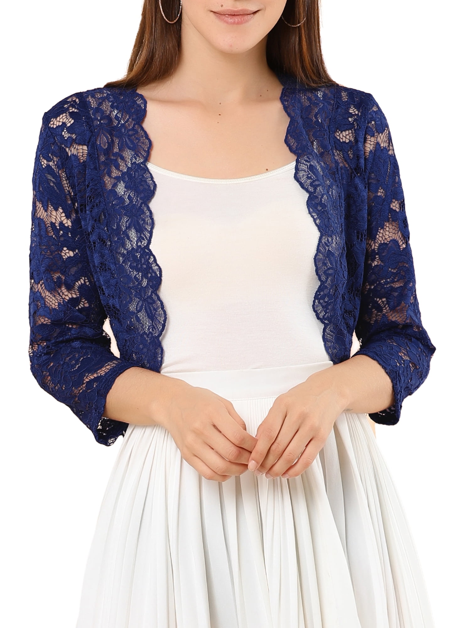 DARING DIVA 3/4 Sleeve Sheer Floral Lace Shrug Top XL Navy