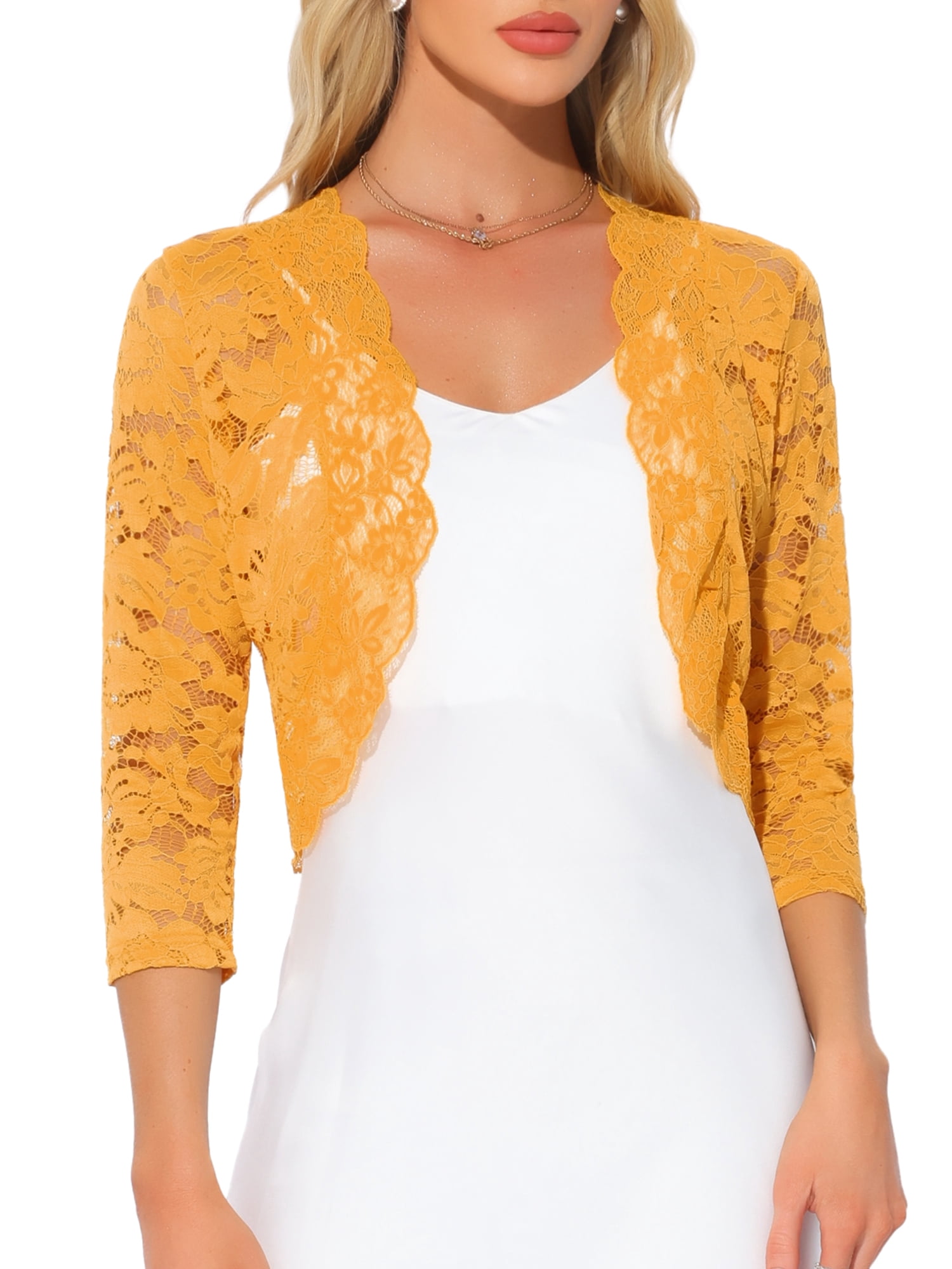 DARING DIVA 3/4 Sleeve Sheer Floral Lace Shrug Tops M Yellow
