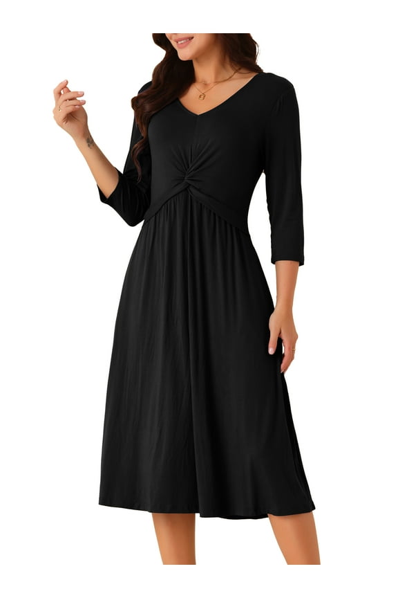 3/4 Sleeve Twist Knot Front V Neck A-line Midi Dress M Black