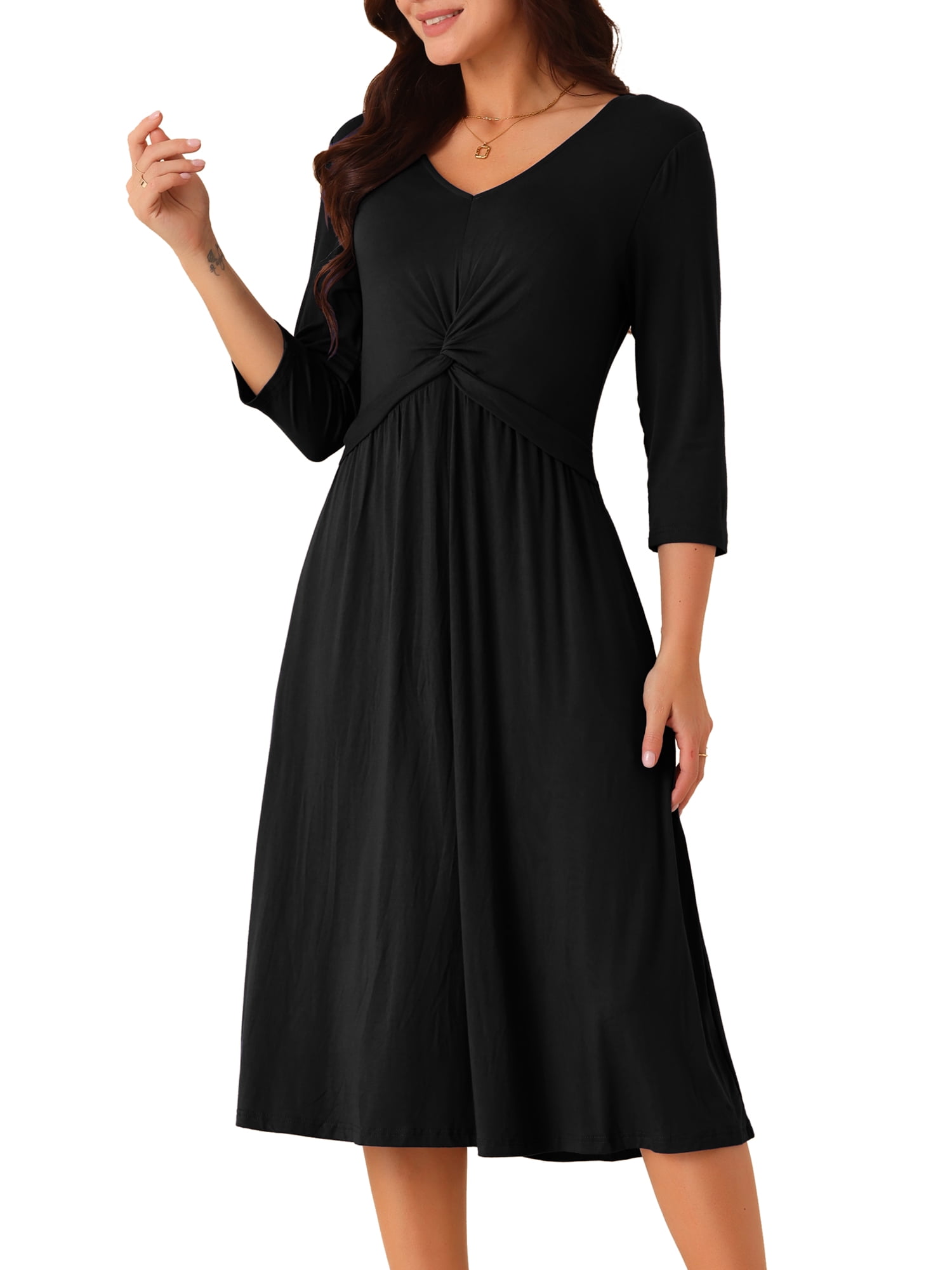 DARING DIVA 3/4 Sleeve Twist Knot Front V Neck A-line Midi Dress S Black
