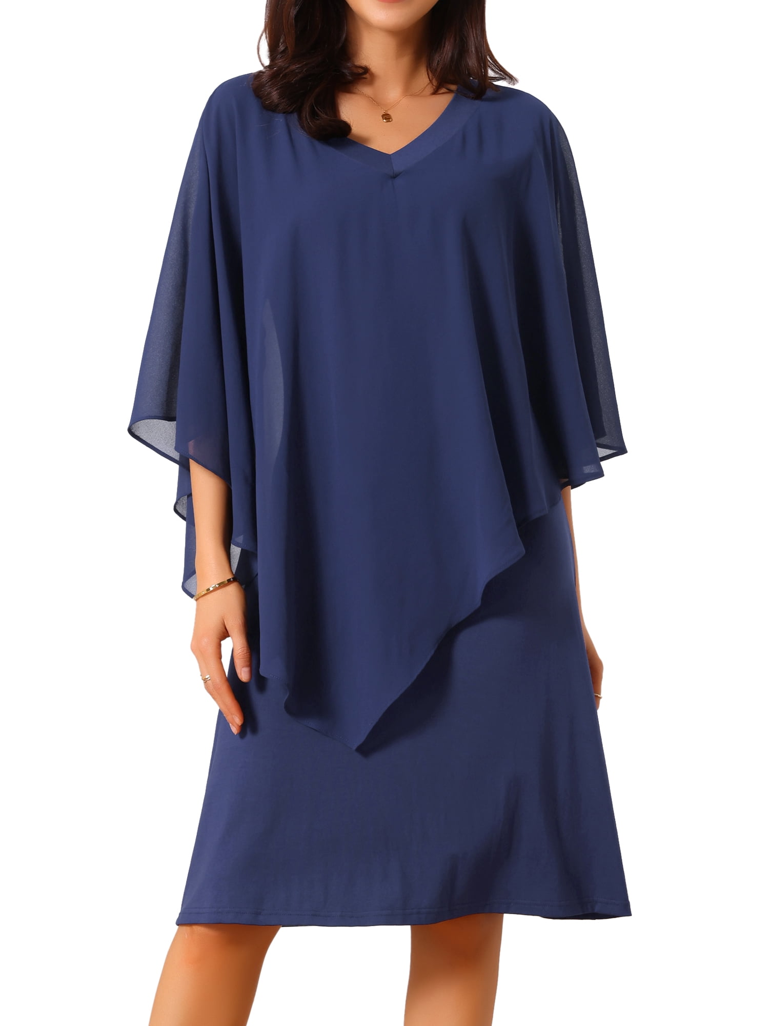 DARING DIVA 3/4 Sleeve V Neck Chiffon Cape Overlay Knee Length Dress S Dark Blue