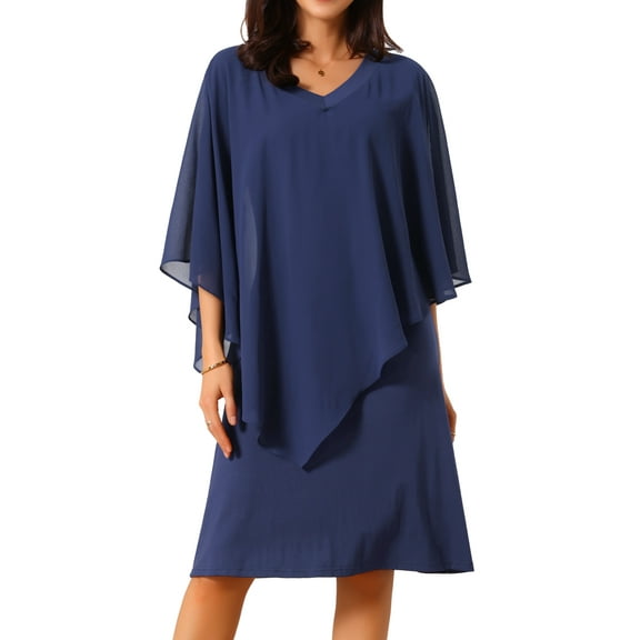 DARING DIVA 3/4 Sleeve V Neck Chiffon Cape Overlay Knee Length Dress S Dark Blue