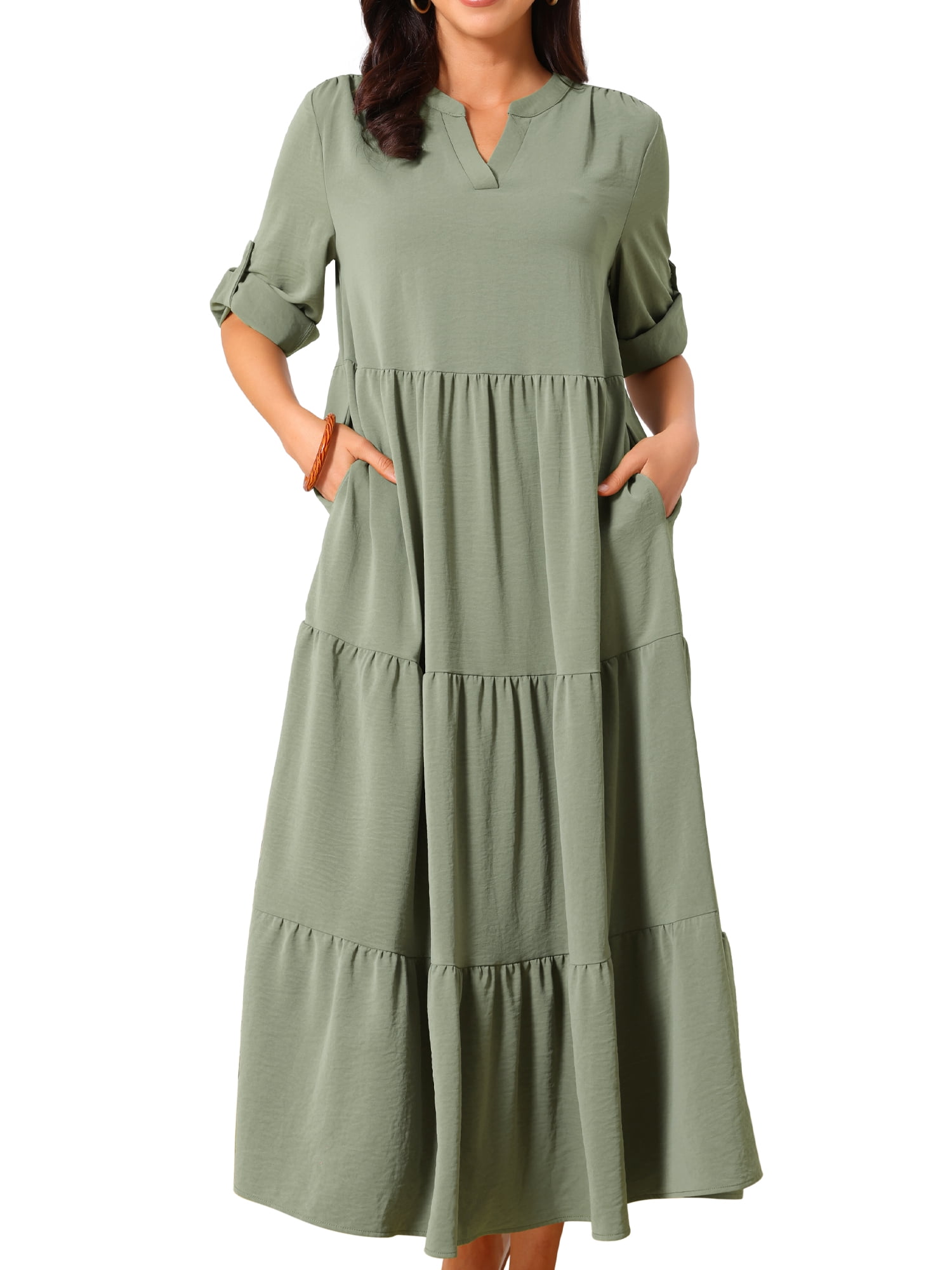 DARING DIVA Women's 3/4 Sleeve V Neck Tiered Loose Fit Maxi Dress L Army Green