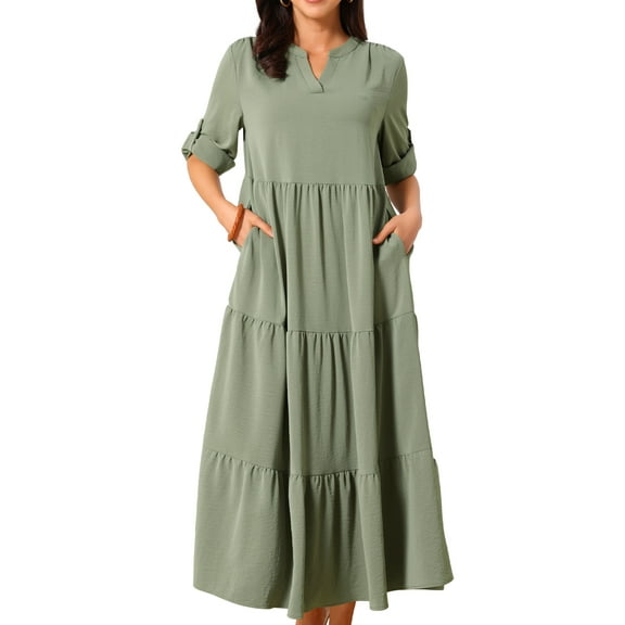DARING DIVA 3/4 Sleeve V Neck Tiered Loose Fit Maxi Dress L Army Green