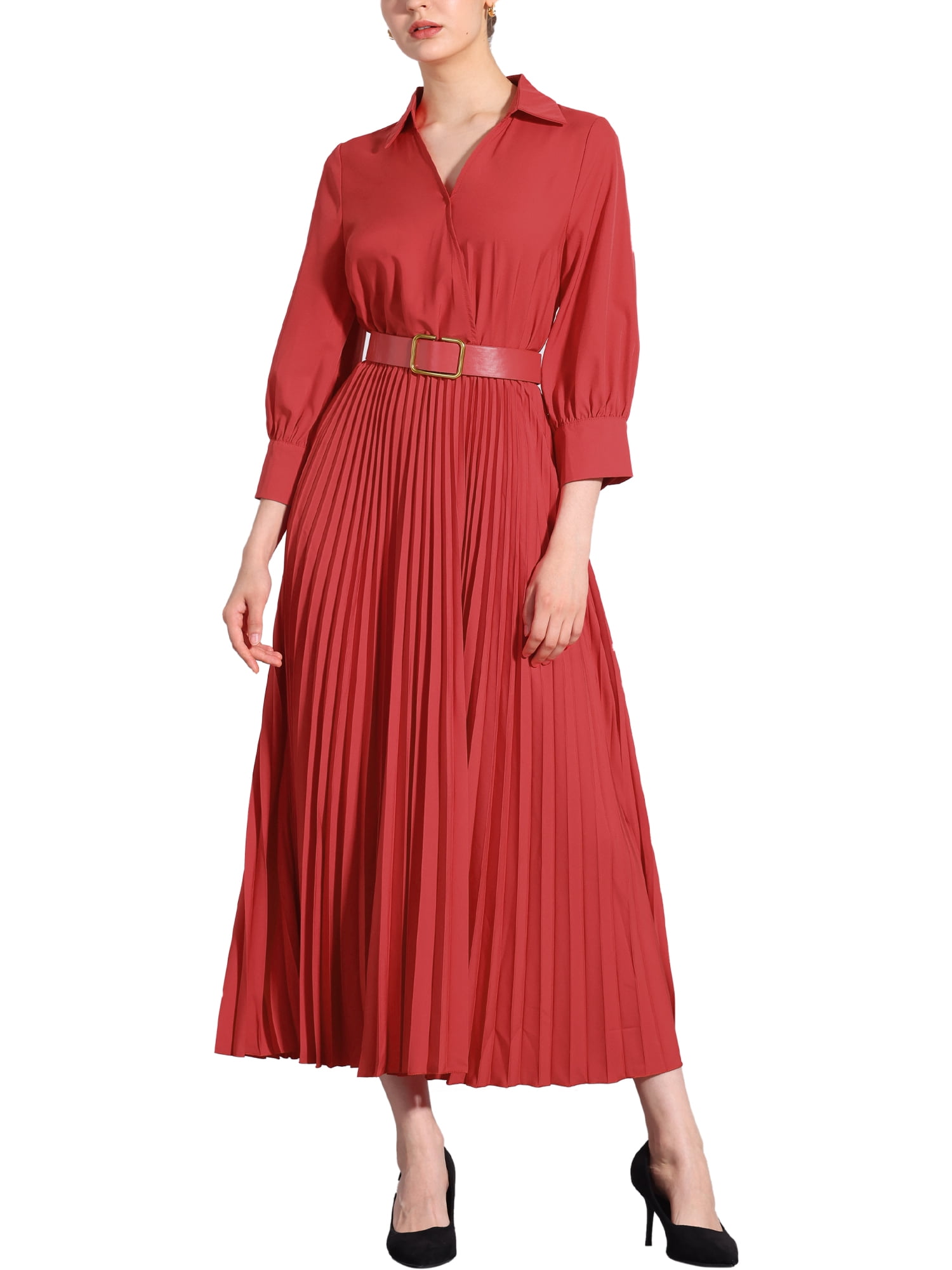 DARING DIVA 3/4 Sleeves Collar V Neck Dress L Red