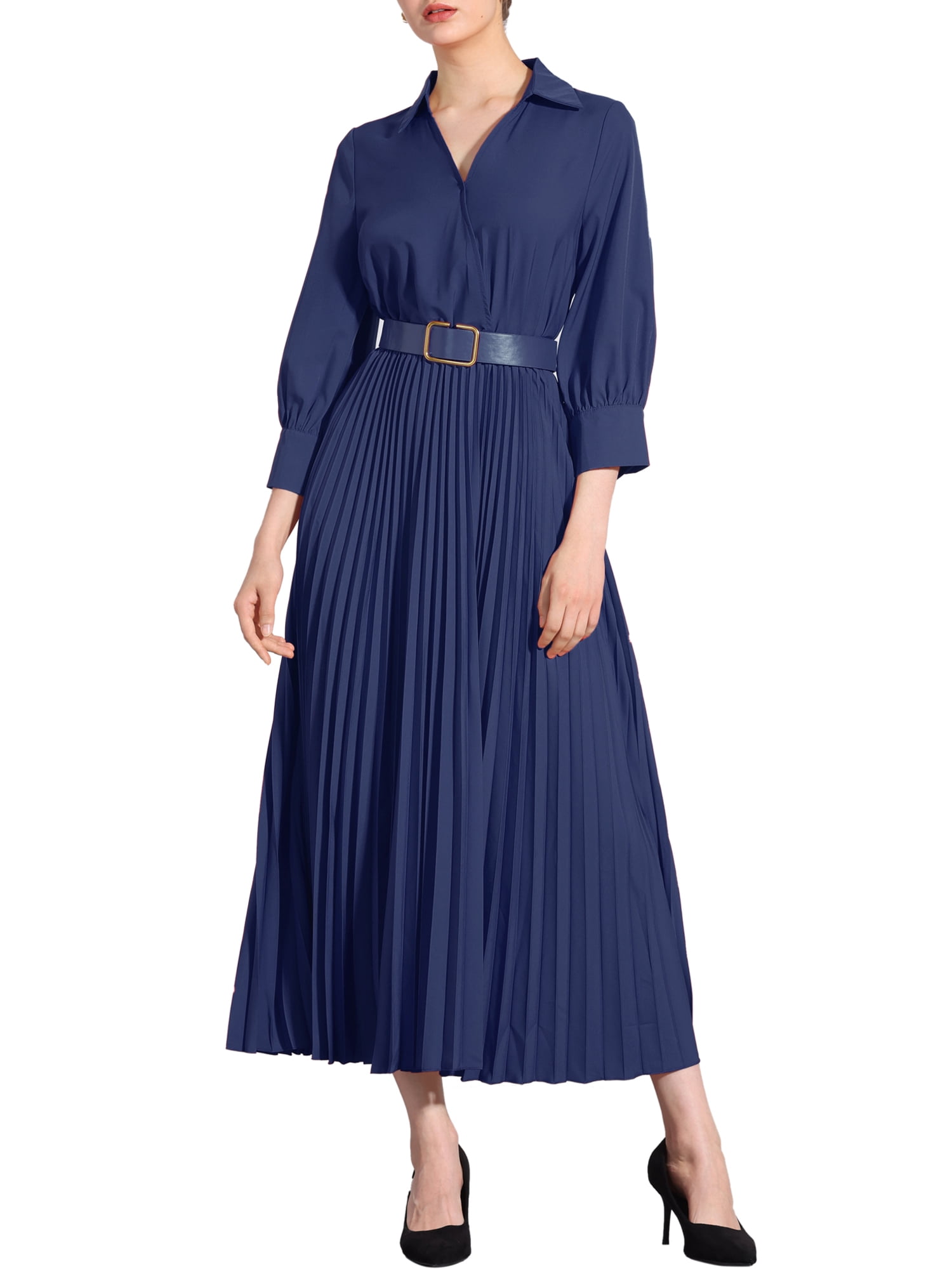 DARING DIVA 3/4 Sleeves Collar V Neck Dress S Dark Blue