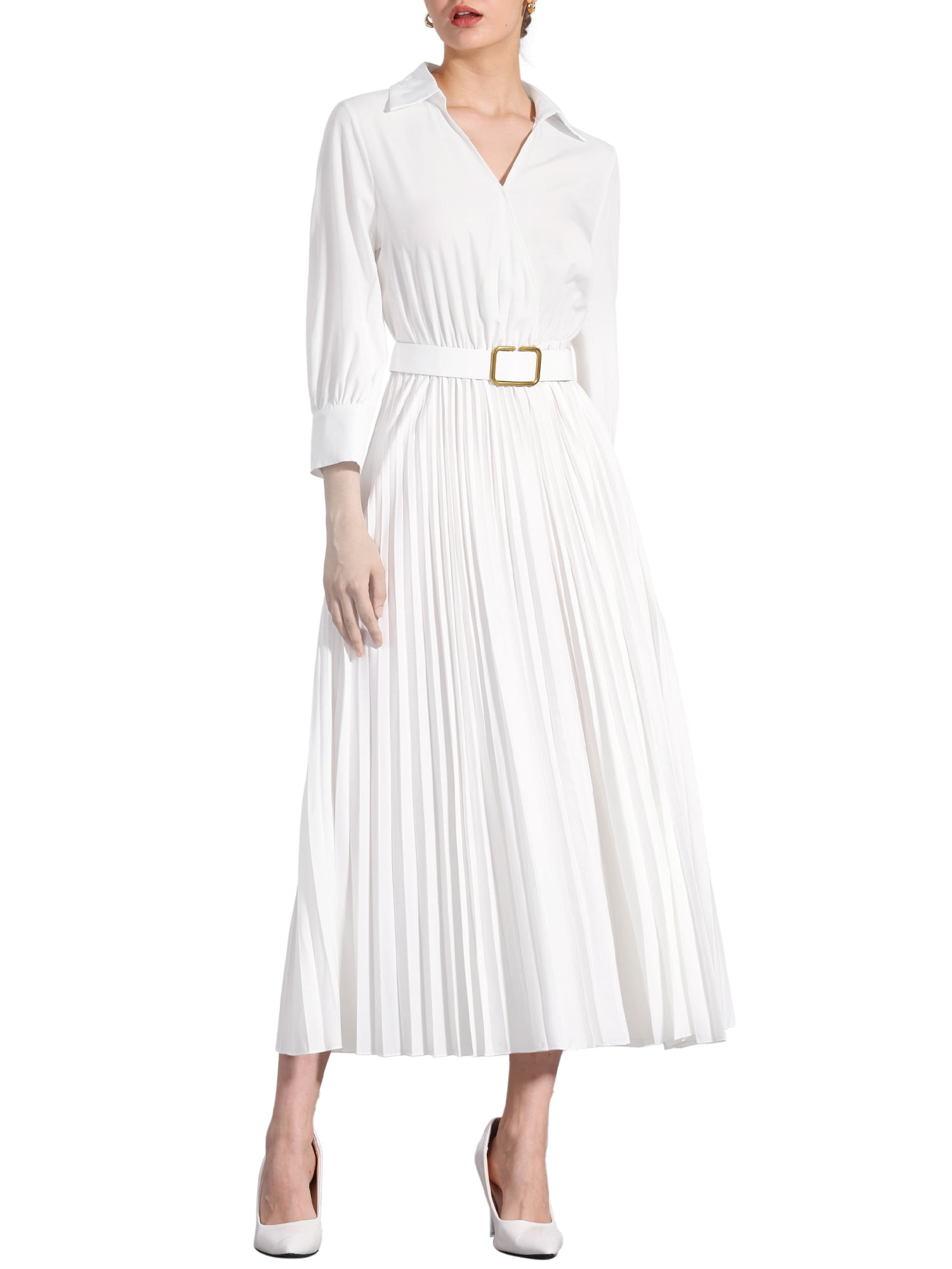 DARING DIVA 3/4 Sleeves Collar V Neck Dress XS White